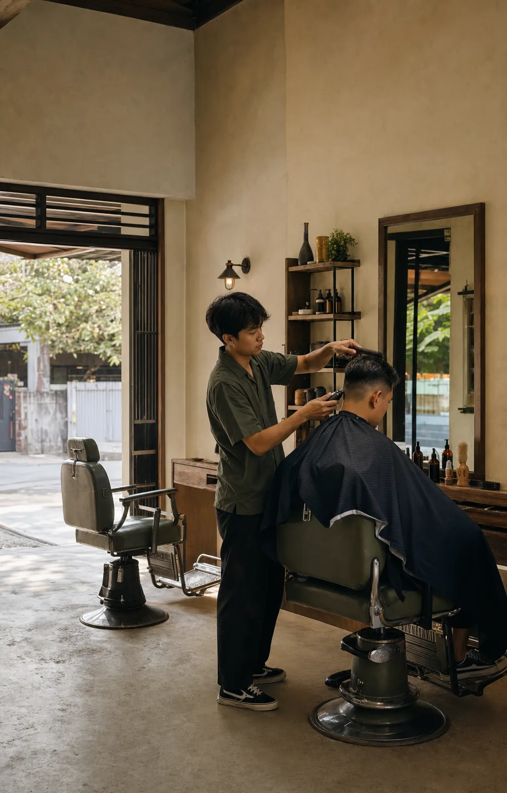 Barber sedang merapikan rambut pelanggan di dalam Pangkas Kala