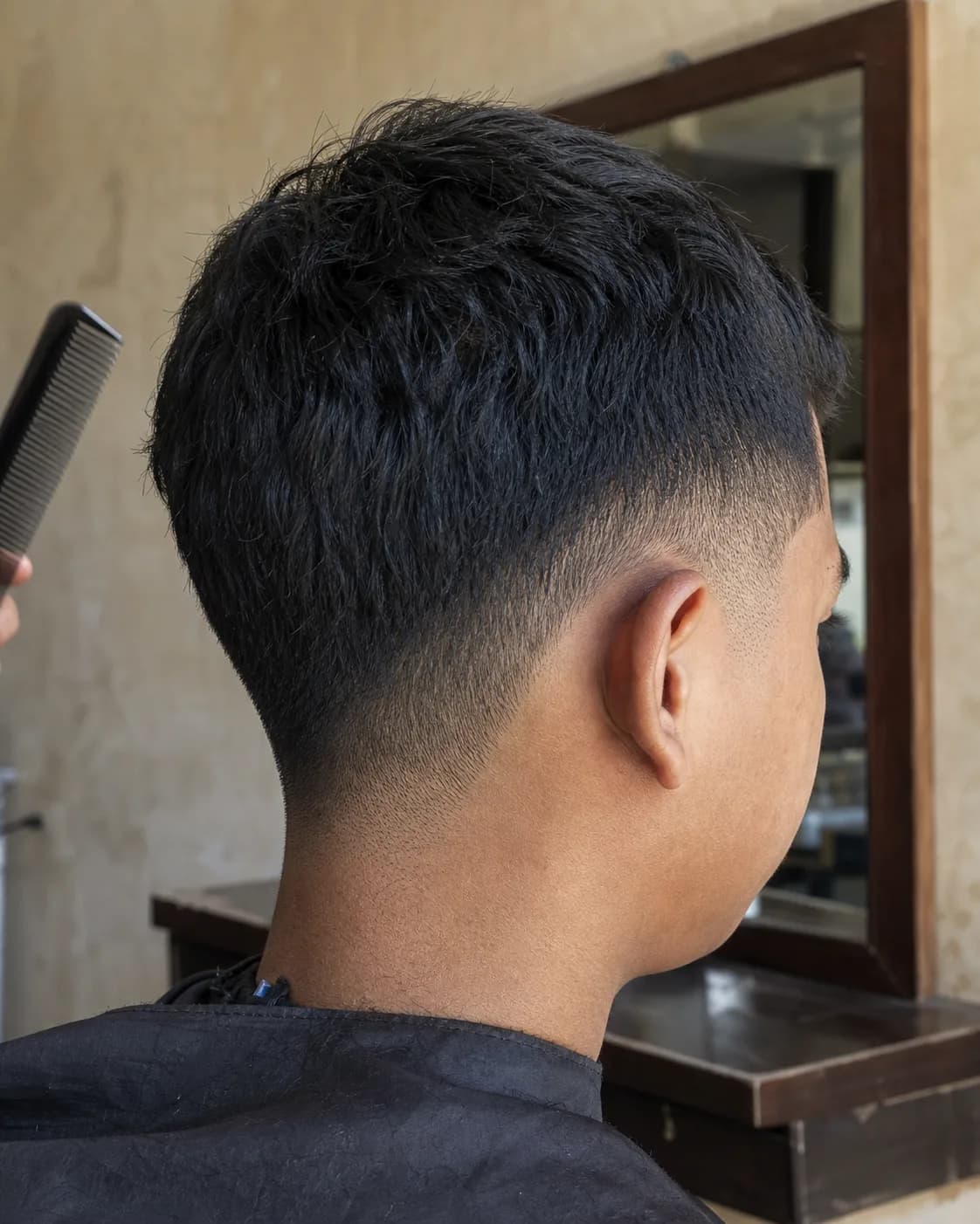 Detail potongan low taper dengan tekstur pendek